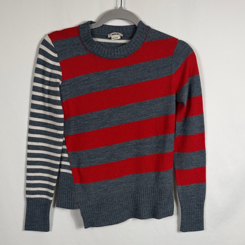 Jason Wu Red Gray Striped Asymmetrical Crewneck Sweater Merino wool blend‎ Small
